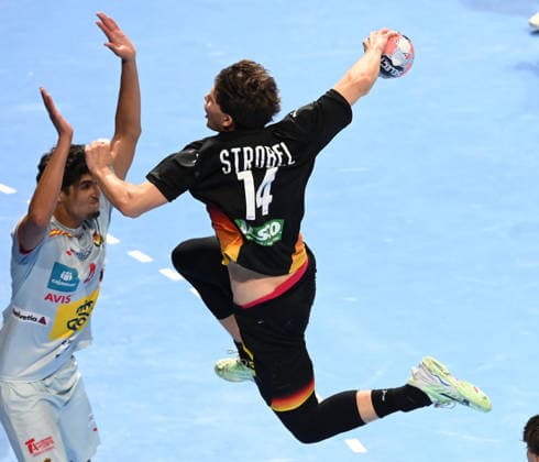 U18 GERMANY vs SPAIN LENN STROBEL, young handball player of U18 Germany, during the semi final match of European Championship, EM, Europameisterschaft against Spain, at Aleksandar Nikolic Hall. Belgrade, 07.08.2026. photo: Nebojsa Parausic MN Press HANDBALL, MEN™S U18 EHF EURO 2026, GERMANY, SPAIN Belgrade Hall Aleksandar Nikolic Serbia Copyright: xNebojsaxParausicx xMNxPressx