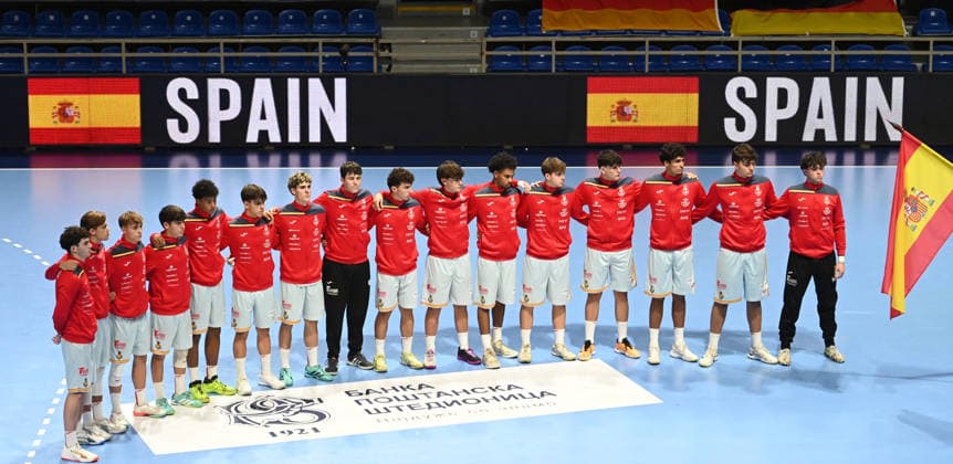 U18 GERMANY vs SPAIN Young handball playser of U18 Spain, during the semi final match of European Championship, EM, Europameisterschaft against Germany, at Aleksandar Nikolic Hall. Belgrade, 07.08.2026. photo: Nebojsa Parausic MN Press HANDBALL, MEN™S U18 EHF EURO 2026, GERMANY, SPAIN Belgrade Hall Aleksandar Nikolic Serbia Copyright: xNebojsaxParausicx xMNxPressx