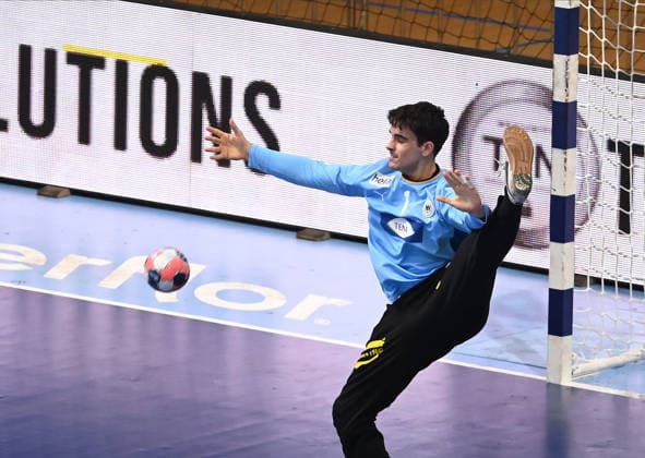 U18 GERMANY vs SPAIN TOBIAS DENGLER goalkeeper, young handball player of U18 Germany, during the semi final match of European Championship, EM, Europameisterschaft against Spain, at Aleksandar Nikolic Hall. Belgrade, 07.08.2026. photo: Nebojsa Parausic MN Press HANDBALL, MEN™S U18 EHF EURO 2026, GERMANY, SPAIN Belgrade Hall Aleksandar Nikolic Serbia Copyright: xNebojsaxParausicx xMNxPressx