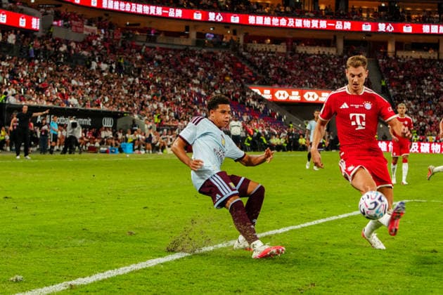 HONG KONG-SPORTS BAYERN-ASTON-VILLA Players of Bayern Munich celebrate after scoring a goal against Aston Villa during their exhibition football match at the Kai Tak Stadium on August 7, 2026 in Hong Kong. Bayern Munich secured a 2-1 victory over Aston Villa in the pre-season friendly. (Photo by Zulu Lo TMHK via Nexpher Images) Hong Kong