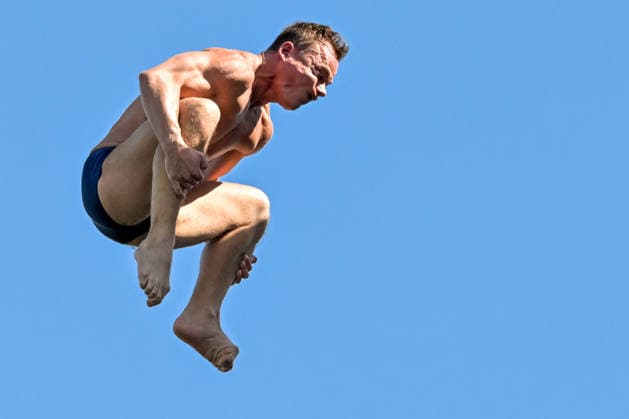 Davide Baraldi of Italy competes in the high diving 20m Round 1-2 Men during the European Aquatics Championships at the River Seine in Paris (France), August 7, 2026. Giorgio Scala DBM - Deepbluemedia Insidefoto