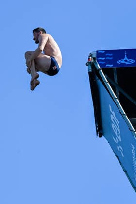 Jean-David Duval of Switzerland competes in the High Diving Men s 20m Final during the European Aquatics Championships at the Olympic Aquatic Center in Paris (France), August 7, 2026. Giorgio Scala DBM - Deepbluemedia Insidefoto