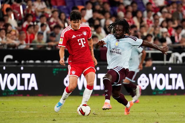 HONGKONG-SOCCER Kim Min-jae of FC Bayern Munich and Evann Guessand of Aston Villa during a match of FC Bayern Munich VS Aston Villa at Kai Tan Stadium during the Audi Football Summit 2026 in Hong Kong, August 7, 2026. NEXPHER Vernon Yuen HONG KONG