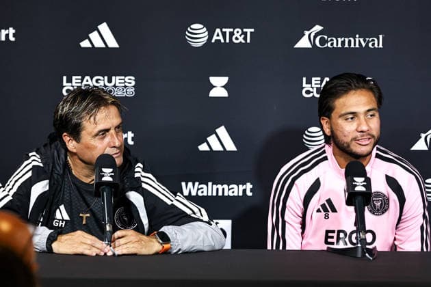 FORT LAUDERDALE, FL - AUGUST 07: Head Coach, Guillermo Hoyos, and Telasco Segovia 8 of Inter Miami CF speak to the media after a Inter Miami Training Session at Florida Blue Training Center on August 07, 2026 in Fort Lauderdale, Florida. (Photo by Chris Arjoon Icon Sportswire) SOCCER: AUG 07 Inter Miami CF Training EDITORIAL USE ONLY Icon26080700000032