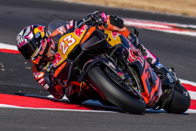 Enea Bastianini (Italy) of the Red Bull KTM Tech3 ( 23) during Practice at Round 12 of the 2026 Qatar Airways Grand Prix of Great Britain at Silverstone Circuit, Towcester, England on the 7 August 2026.  Copyright: xDavidxHornx PMI-7310-0065