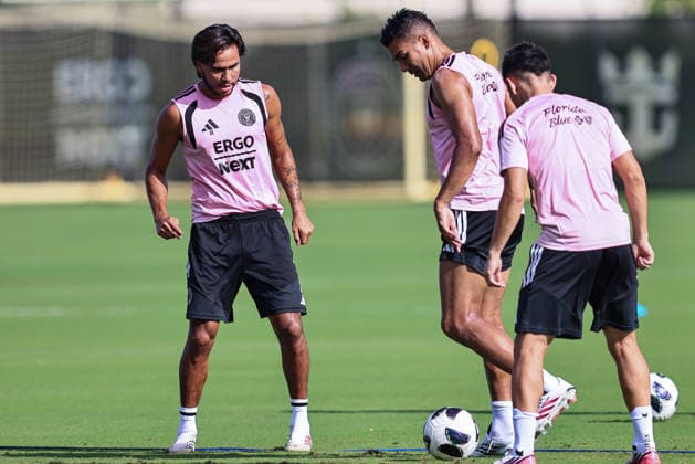 FORT LAUDERDALE, FL - AUGUST 07: Telasco Segovia 8 and Casemiro 5 of Inter Miami CF are seen during an Inter Miami Training Session at Florida Blue Training Center on August 07, 2026 in Fort Lauderdale, Florida. (Photo by Chris Arjoon Icon Sportswire) SOCCER: AUG 07 Inter Miami CF Training EDITORIAL USE ONLY Icon26080700000041