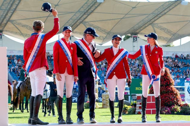 2026 Dublin Horse Show, Laya Arena, Dublin 7 8 2026 Nations™ Cup of Ireland for award of the Aga Khan Trophy The United States of America team celebrate on the winners podium The United States of America team celebrate on the winners podium 7 8 2026  Copyright: xx DC3A9525