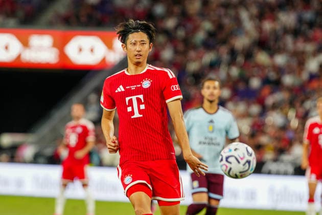 HONG KONG-SPORTS BAYERN-ASTON-VILLA Players of Bayern Munich celebrate after scoring a goal against Aston Villa during their exhibition football match at the Kai Tak Stadium on August 7, 2026 in Hong Kong. Bayern Munich secured a 2-1 victory over Aston Villa in the pre-season friendly. (Photo by Zulu Lo TMHK via Nexpher Images) Hong Kong