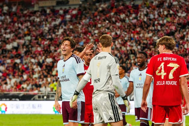 HONG KONG-SPORTS BAYERN-ASTON-VILLA Players of Bayern Munich celebrate after scoring a goal against Aston Villa during their exhibition football match at the Kai Tak Stadium on August 7, 2026 in Hong Kong. Bayern Munich secured a 2-1 victory over Aston Villa in the pre-season friendly. (Photo by Zulu Lo TMHK via Nexpher Images) Hong Kong