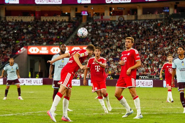 HONG KONG-SPORTS BAYERN-ASTON-VILLA Players of Bayern Munich celebrate after scoring a goal against Aston Villa during their exhibition football match at the Kai Tak Stadium on August 7, 2026 in Hong Kong. Bayern Munich secured a 2-1 victory over Aston Villa in the pre-season friendly. (Photo by Zulu Lo TMHK via Nexpher Images) Hong Kong