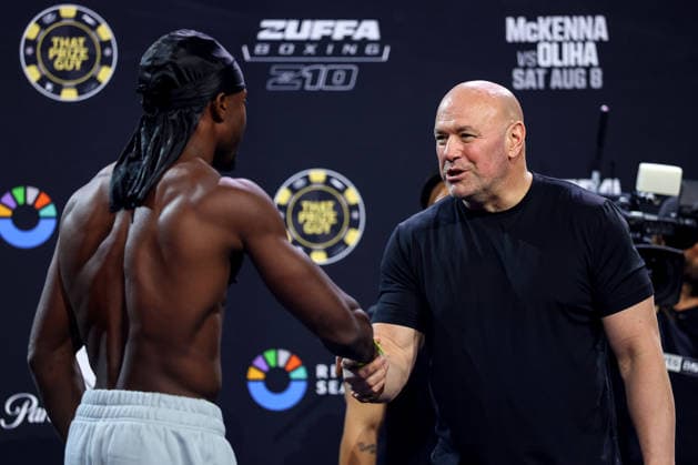 Zuffa Boxing 10 Aaron McKenna vs Etinosa Oliha Weigh-In, 3Arena, Dublin 7 8 2026 UFC CEO and President Dana White and Etinosa Oliha Dana White and Etinosa Oliha 7 8 2026  Copyright: xx BB3_7742