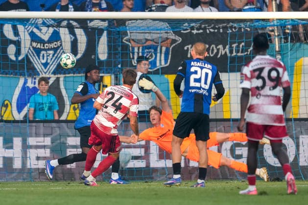 Fabian Schleusener (F95, 24), Spieler von Fortuna Düsseldorf, erzielt das Tor zum 2:1, Treffer, Torerfolg, Highlight, Action, Aktion, Spielszene, 07.08.2026, Mannheim (Deutschland), Fussball, 3. Liga, SV Waldhof Mannheim - Fortuna Düsseldorf, DFB DFL REGULATIONS PROHIBIT ANY USE OF PHOTOGRAPHS AS IMAGE SEQUENCES AND OR QUASI-VIDEO. *** Fabian Schleusener F95, 24, a player for Fortuna Düsseldorf, scores the goal to make it 2–1; goal, highlight, action, play, 07 08 2026, Mannheim, Germany, soccer, 3. Liga, SV Waldhof Mannheim vs. Fortuna Düsseldorf, DFB and DFL regulations prohibit any use of photographs as image sequences and or quasi-video xozx