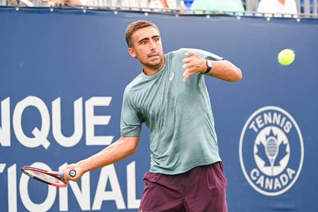 MONTREAL, QC - AUGUST 07: Daniel Merida (ESP) returns the ball during a third round match at National Bank Open on August 07, 2026 at IGA Stadium in Montreal, QC (Photo by David Kirouac Icon Sportswire) TENNIS: AUG 07 National Bank Open EDITORIAL USE ONLY Icon26080700226