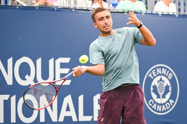 MONTREAL, QC - AUGUST 07: Daniel Merida (ESP) returns the ball during a third round match at National Bank Open on August 07, 2026 at IGA Stadium in Montreal, QC (Photo by David Kirouac Icon Sportswire) TENNIS: AUG 07 National Bank Open EDITORIAL USE ONLY Icon26080700326