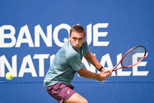 MONTREAL, QC - AUGUST 07: Daniel Merida (ESP) returns the ball during a third round match at National Bank Open on August 07, 2026 at IGA Stadium in Montreal, QC (Photo by David Kirouac Icon Sportswire) TENNIS: AUG 07 National Bank Open EDITORIAL USE ONLY Icon26080701226