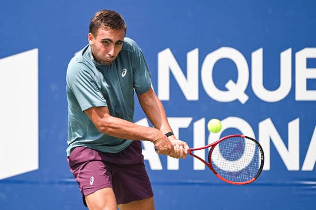 MONTREAL, QC - AUGUST 07: Daniel Merida (ESP) returns the ball during a third round match at National Bank Open on August 07, 2026 at IGA Stadium in Montreal, QC (Photo by David Kirouac Icon Sportswire) TENNIS: AUG 07 National Bank Open EDITORIAL USE ONLY Icon26080701426