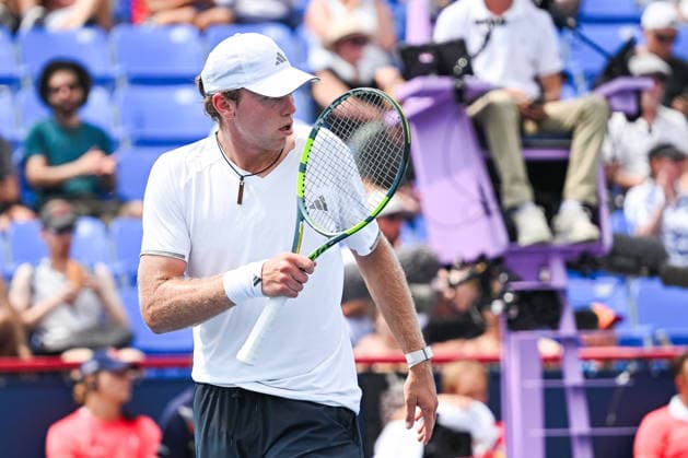 MONTREAL, QC - AUGUST 07: Alex Michelsen (USA) reacts after scoring a point during a third round match at National Bank Open on August 07, 2026 at IGA Stadium in Montreal, QC (Photo by David Kirouac Icon Sportswire) TENNIS: AUG 07 National Bank Open EDITORIAL USE ONLY Icon26080702026