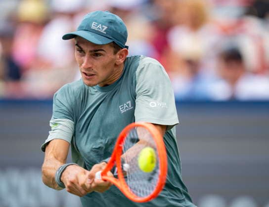 August 7, 2026, Montreal, Pq, Canada: Matteo Arnaldi of Italy hits a return to Tallon Griekspoor of the Netherlands during third round tennis action at the National Bank Open in Montreal on Friday, Aug. 7, 2026. Canada News - August 7, 2026  - ZUMAc35_ 20260807_zaf_c35_012 Copyright: xChristinnexMuschix