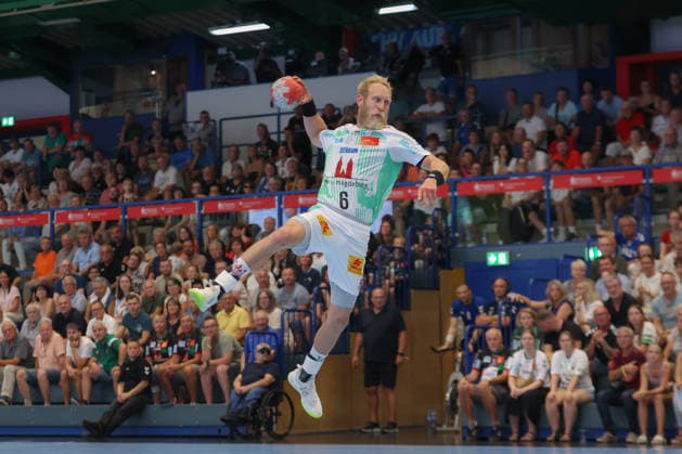 07.08.2026, xtgx, Handball Turnier, EHV Aue - SC Magdeburg emspor, Matthias Musche (Magdeburg, 6) wirft Tor, Torschuetze, erzielt Tor, Treffer, scores the goal Lößnitz *** August 7, 2026, xtgx, Handball Tournament, EHV Aue vs. SC Magdeburg emspor, Matthias Musche (Magdeburg), 6 shots on goal, goal scorer, scores a goal, goal, scores the goal Lößnitz