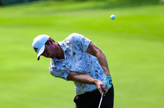 August 7, 2026: Nick Dunlap hits ball at 9th hole during 2nd Round at 2026 Wyndham Championship, Sedgefield Country Club in Greensboro, North Carolina. CSM Greensboro United States of America - ZUMAc04_ 20260807_zma_c04_121 Copyright: xDavidxBeachx