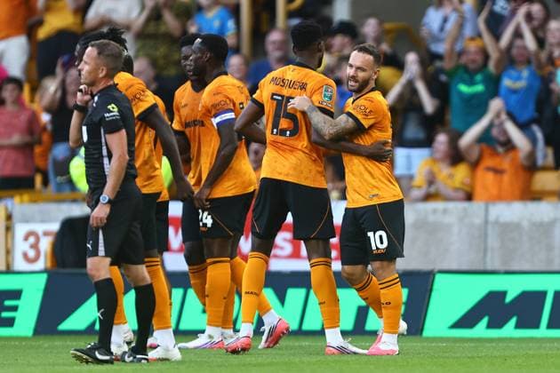 Adam Armstrong of Wolves celebrates scoring their sides first goal Wolverhampton Wanderers v Port Vale, EFL Carabao Cup, First Round, Football, Molineux, Wolverhampton, UK - 07 Aug 2026Wolverhampton Molineux United Kingdom EDITORIAL USE ONLY No use with unauthorised audio, video, data, fixture lists, club league logos or live services. Online in-match use limited to 120 images, no video emulation. No use in betting, games or single club league player publications.  Copyright: xPhilxOldham Shutterstockx 17050839ah