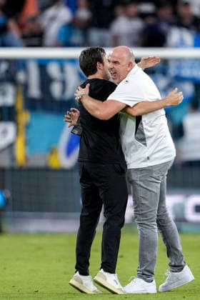 Mathias Schober (Sportdirektor, SV Waldhof, rechts), Jubel nach dem Schlusspfiff, Freude über den Sieg, Sieger, Gewinner, jubelt, jubeln, fröhlich, positiv, freut sich, freuen, optimistisch, Highlight, Action, Aktion, 07.08.2026, Mannheim (Deutschland), Fussball, 3. Liga, SV Waldhof Mannheim - Fortuna Düsseldorf, DFB DFL REGULATIONS PROHIBIT ANY USE OF PHOTOGRAPHS AS IMAGE SEQUENCES AND OR QUASI-VIDEO. *** Mathias Schober, Sports Director, SV Waldhof, right, celebrating after the final whistle, joy over the victory, winner, celebrating, cheerful, positive, happy, optimistic, highlight, action, August 7, 2026, Mannheim, Germany, soccer, 3rd Division, SV Waldhof Mannheim vs. Fortuna Düsseldorf, DFB and DFL regulations prohibit any use of photographs as image sequences and or quasi-video xozx