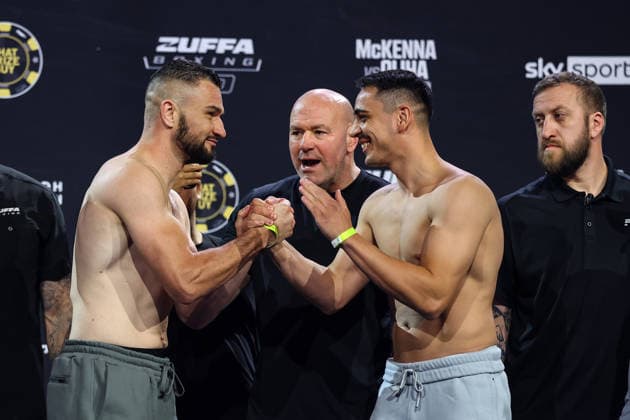 Zuffa Boxing 10 Aaron McKenna vs Etinosa Oliha Weigh-In, 3Arena, Dublin 7 8 2026 Louis Greene, UFC CEO and President Dana White and Daniel Buciuc Louis Greene, Dana White and Daniel Buciuc 7 8 2026  Copyright: xx BB3_7051