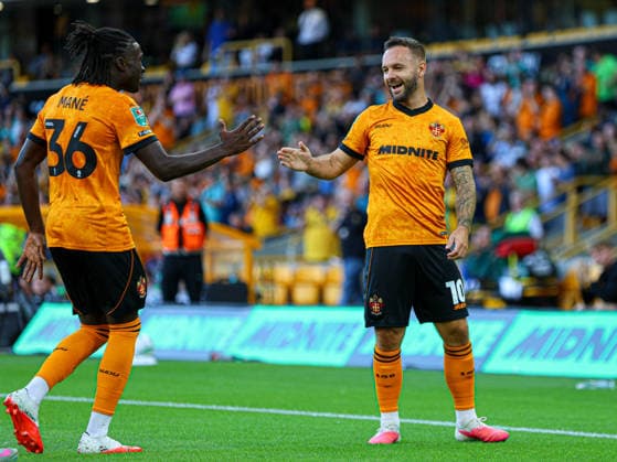 WOLVERHAMPTON, ENGLAND - August 7: Goal. Adam Armstrong of Wolves celebrates scoring during the Carabao Cup football match between Wolverhampton Wanderers and Port Vale at Molineux stadium on August 7 2026 in Wolverhampton, England  Copyright: xNataliexMincher SPPx Sportspressphoto_SPR202146
