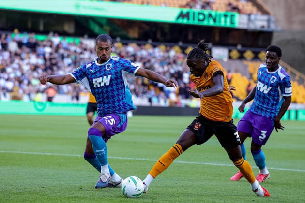 Wolverhampton Wanderers v Port Vale, EFL Carabao Cup Wolverhampton Wanderers midfielder Mateus Mane (36) battles for possession with Port Vale Defender Cameron Humphreys (25) during the EFL Carabao Cup match between Wolverhampton Wanderers and Port Vale at Molineux, Wolverhampton, UK on 8 August 2026. Wolverhampton Molineux West Midlands UK Editorial use only DataCo restrictions apply See www.football-dataco.com , Copyright: xManjitxNarotrax PSI-24675-0011