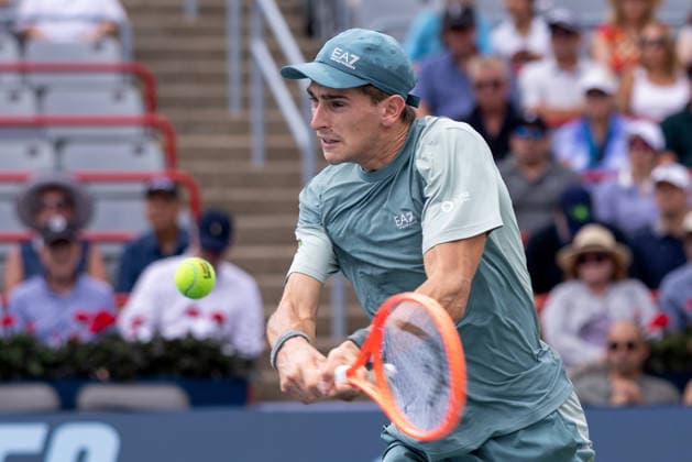 August 7, 2026, Montreal, Quebec, Canada: MATTEO ARNALDI (30) from Italia backhand in match against Tallon Griekspoor from Nederlands in third round at Canadian Open at IGA stadium in Montreal, Quebec, Canada on 2026-08-07 Montreal Canada - ZUMAl189 20260807_zsp_l189_072 Copyright: xYannickxLegarex