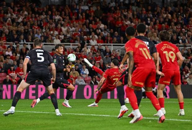 Will Lankshear of Middlesbrough scores the opening goal 1-0 Middlesbrough v Wrexham, EFL Carabao Cup, First Round, Football, Riverside Stadium, Middlesbrough, UK - 07 Aug 2026Middlesbrough Riverside Stadium United Kingdom EDITORIAL USE ONLY No use with unauthorised audio, video, data, fixture lists, club league logos or live services. Online in-match use limited to 120 images, no video emulation. No use in betting, games or single club league player publications.  Copyright: xGreigxCowie Shutterstockx 17050843ad
