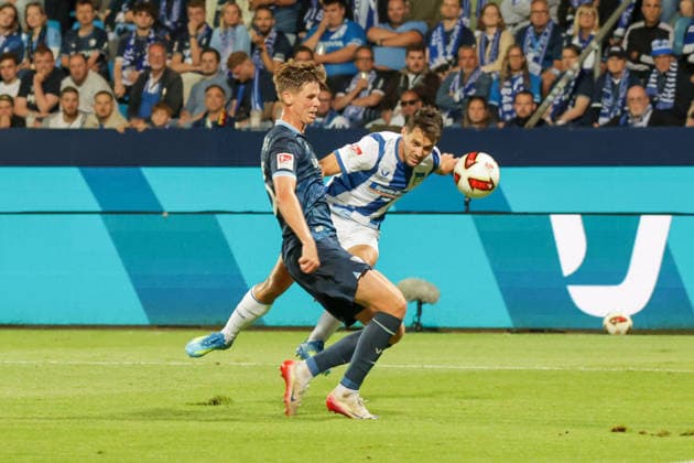 07.08.2026, xgrfx, Fussball 2.Bundesliga, VfL Bochum - Hertha BSC Berlin v.l. Oliver Olsen (VfL Bochum), Josip Brekalo (Hertha BSC) (DFL DFB REGULATIONS PROHIBIT ANY USE OF PHOTOGRAPHS as IMAGE SEQUENCES and or QUASI-VIDEO) Bochum *** August 7, 2026, xgrfx, Soccer 2. Bundesliga, VfL Bochum vs. Hertha BSC Berlin, left: Oliver Olsen (VfL Bochum), right: Josip Brekalo (Hertha BSC). DFL and DFB regulations prohibit any use of photographs as image sequences and or quasi-video. Bochum