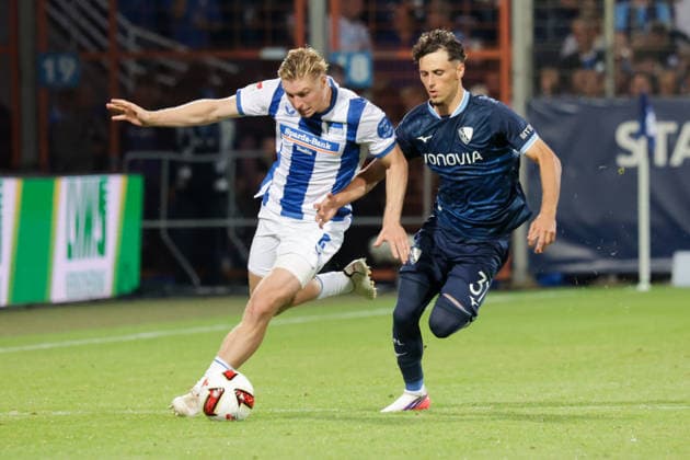07.08.2026, xgrfx, Fussball 2.Bundesliga, VfL Bochum - Hertha BSC Berlin v.l. Julian Eitschberger (Hertha BSC), Alessandro Crimaldi (VfL Bochum) (DFL DFB REGULATIONS PROHIBIT ANY USE OF PHOTOGRAPHS as IMAGE SEQUENCES and or QUASI-VIDEO) Bochum *** August 7, 2026, xgrfx, Soccer 2. Bundesliga, VfL Bochum vs. Hertha BSC Berlin, featuring Julian Eitschberger (Hertha BSC) and Alessandro Crimaldi (VfL Bochum). DFL and DFB regulations prohibit any use of photographs as image sequences and or quasi-video. Bochum