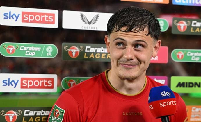 Will Lankshear of Middlesbrough interviewed by Sky Sports after receiving the Man of the Match Award Middlesbrough v Wrexham, EFL Carabao Cup, First Round, Football, Riverside Stadium, Middlesbrough, UK - 07 Aug 2026Middlesbrough Riverside Stadium United Kingdom EDITORIAL USE ONLY No use with unauthorised audio, video, data, fixture lists, club league logos or live services. Online in-match use limited to 120 images, no video emulation. No use in betting, games or single club league player publications.  Copyright: xGreigxCowie Shutterstockx 17050843ay