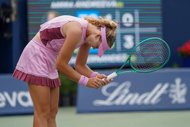 WTA, Tennis Damen Masters 1000 National Bank Open Toronto 2026 - Round of 32 - Day 7 Mirra AndrÃ yeva of Russia reacts during the Women™s Singles round of 32 match against Leylah Fernandez of Canada on day 7 of the WTA Masters 1000 National Bank Open at Sobeys Stadium on August 7, 2026, in Toronto, Canada. (Photo by Leonardo Ramirez Eyepix Group) Copyright: xLeonardoxRamirezx xEyepixxGroupx LR_06082026_09041