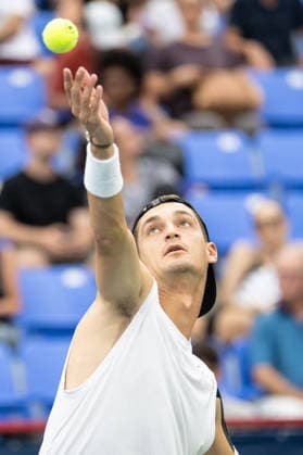 MONTREAL, QC - AUGUST 07: Terence Atmane from France serves against Jakub. Mensik from Czechia during their singles third round match on day six of the ATP, Tennis Herren 1000 National Bank Open presented by Rogers at Stade IGA on August 7, 2026 in Montreal, Quebec, Canada.(Photo by Vincent Ethier Icon Sportswire) TENNIS: AUG 07 National Bank Open EDITORIAL USE ONLY Icon2608070100