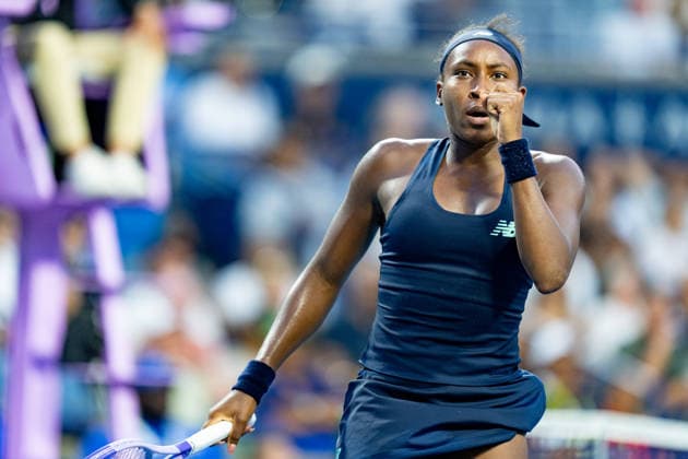 TORONTO, ON - AUGUST 07: Coco Gauff of the United States celebrates after winning a point during her match at the WTA, Tennis Damen National Bank Open tournament on August 7, 2026 at Sobeys Stadium in Toronto, ON, Canada (Photo by Julian Avram Icon Sportswire) TENNIS: AUG 07 National Bank Open EDITORIAL USE ONLY Icon2608071456