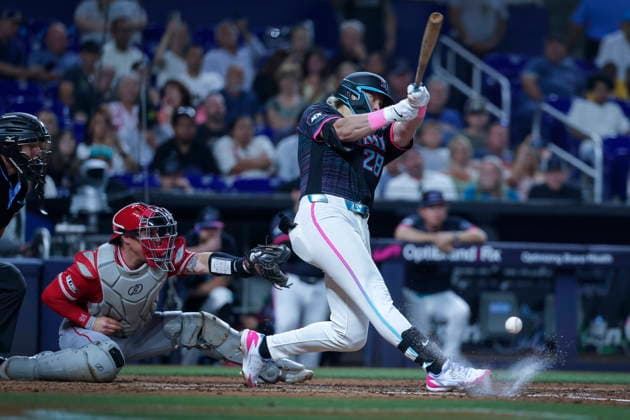 MLB, Baseball Herren, USA - Miami Marlins vs Los Angeles Angels Miami Marlins first baseman Kyle Stowers in action during the Major League Baseball (MLB) game between the Miami Marlins and the Los Angeles Angels in Miami, Florida, USA, 07 August 2026. MIAMI FLORIDA United States  Copyright: xCRISTOBALxHERRERA-ULASHKEVICHx