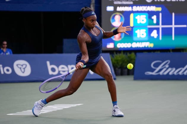 WTA, Tennis Damen Masters 1000 National Bank Open Toronto 2026 - Round of 32 - Day 7 Coco Gauff of United States plays a forehand during the Women™s Singles round of 32 match against Maria Sakkari of Greece on day 7 of the WTA Masters 1000 National Bank Open at Sobeys Stadium on August 7, 2026, in Toronto, Canada. (Photo by Leonardo Ramirez Eyepix Group) Copyright: xLeonardoxRamirezx xEyepixxGroupx LR_06082026_09192