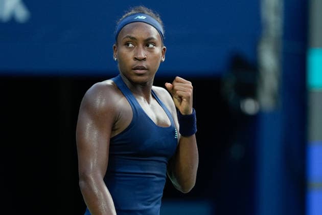 WTA, Tennis Damen Masters 1000 National Bank Open Toronto 2026 - Round of 32 - Day 7 Coco Gauff of United States celebrates after a point during the Women™s Singles round of 32 match against Maria Sakkari of Greece on day 7 of the WTA Masters 1000 National Bank Open at Sobeys Stadium on August 7, 2026, in Toronto, Canada. (Photo by Leonardo Ramirez Eyepix Group) Copyright: xLeonardoxRamirezx xEyepixxGroupx LR_06082026_09223