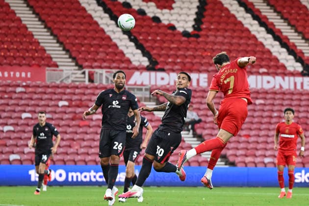 Middlesbrough v Wrexham - Carabao Cup First Round Will Lankshear of Middlesbrough attempts a header during the Carabao Cup 1st Round match between Middlesbrough and Wrexham at the Riverside Stadium in Middlesbrough, United Kingdom, on August 7, 2026. Middlesbrough North Yorkshire United Kingdom  Copyright: xMIxNewsx originalFilename:fletcher-middlesb260807_npxBb.jpg