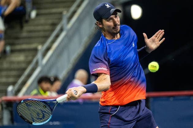 MONTREAL, QC - AUGUST 07: Alexei Popyrin from Australia returns the ball against Thiago Agustin Tirante from Argentina during their singles third round match on day six of the ATP, Tennis Herren 1000 National Bank Open presented by Rogers at Stade IGA on August 7, 2026 in Montreal, Quebec, Canada.(Photo by Vincent Ethier Icon Sportswire) TENNIS: AUG 07 National Bank Open EDITORIAL USE ONLY Icon2608073568