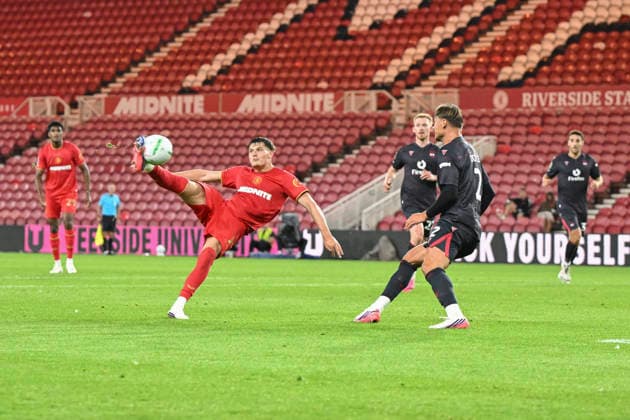 Middlesbrough v Wrexham - Carabao Cup First Round Will Lankshear of Middlesbrough shoots and scores with a volley during the Carabao Cup 1st Round match between Middlesbrough and Wrexham at the Riverside Stadium, Middlesbrough, on August 7, 2026. Middlesbrough North Yorkshire United Kingdom  Copyright: xMIxNewsx originalFilename:fletcher-middlesb260807_npUfM.jpg
