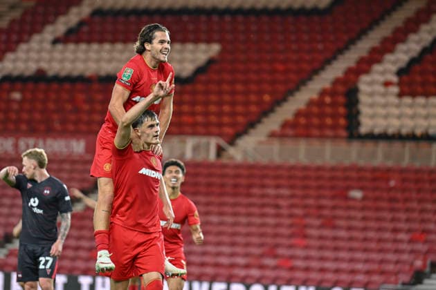 Middlesbrough v Wrexham - Carabao Cup First Round Will Lankshear of Middlesbrough celebrates with teammate Leo Castledine after scoring the opening goal during the Carabao Cup first round match between Middlesbrough and Wrexham at the Riverside Stadium in Middlesbrough, United Kingdom, on August 7, 2026. Middlesbrough North Yorkshire United Kingdom  Copyright: xMIxNewsx originalFilename:fletcher-middlesb260807_npGNI.jpg