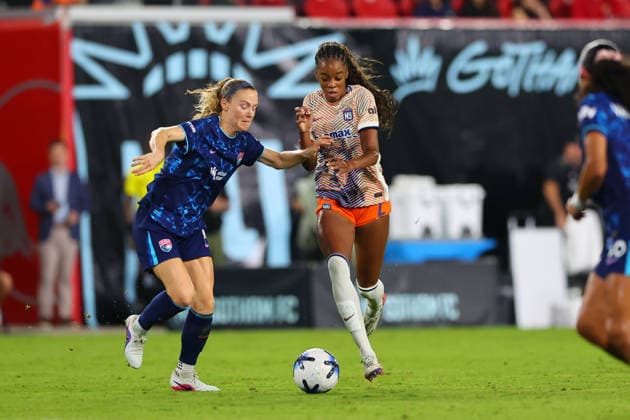 HARRISON, NJ - AUGUST 07: Jordynn Dudley 2 of the Gotham FC during the second half of the NWSL game against San Diego Wave FC on August 7, 2026 at Sports Illustrated Stadium in Harrison, New Jersey. (Photo by Rich Graessle Icon Sportswire) SOCCER: AUG 07 NWSL Gotham FC vs SD Wave EDITORIAL USE ONLY Icon26080730026