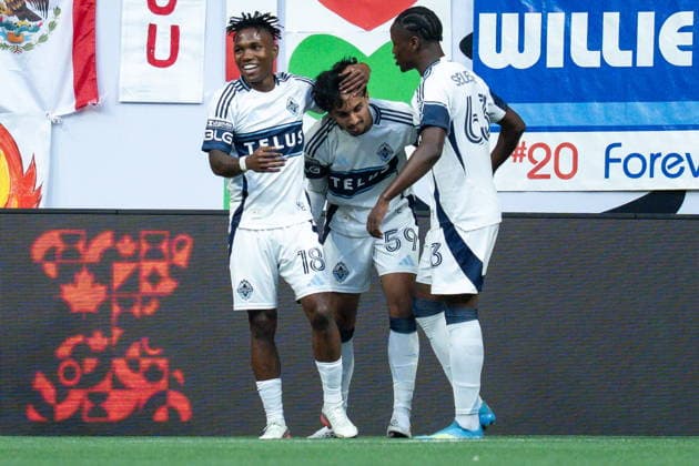 August 7, 2026, Vancouver, Bc, CANADA: Vancouver Whitecaps Jeevan Badwal (centre) celebrates his goal against Juarez FC with Edier Ocampo (18) and Johnny Selemani (63) during the first half of a Leagues Cup soccer match in Vancouver, on Friday, August 7, 2026. Canada News - August 7, 2026  - ZUMAc35_ 20260807_zaf_c35_108 Copyright: xEthanxCairnsx