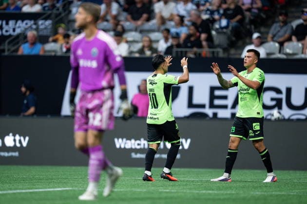 August 7, 2026, Vancouver, Bc, CANADA: Juarez FC s Ettson Ayon (right) celebrates his goal with Ian Torres (10) as Vancouver Whitecaps goalkeeper Isaac Boehmer (32) walks away during the first half of a Leagues Cup soccer match in Vancouver, on Friday, August 7, 2026. Canada News - August 7, 2026  - ZUMAc35_ 20260807_zaf_c35_112 Copyright: xEthanxCairnsx