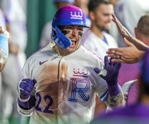 AUG 07, 2026: Kansas City Royals catcher Carter Jensen (22) celebrates in the dugout after hitting a home run against the Chicago Cubs at Kauffman Stadium Kansas City, MO. CSM Kansas City United States - ZUMAc04_ 20260807_zma_c04_170 Copyright: xRomanxPunox