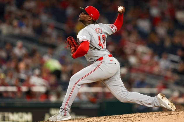 August 7, 2026, Washington D.C, District Of Columbia, United States: Washington, DC; Cincinnati Reds pitcher Luis Mey (47) delivers a pitch during the Major League Baseball game between the Washington Nationals and the Cincinnati Reds at Nationals Park on Friday, August 7, 2026. The Nationals beat the Reds 5-3. Washington D.C United States - ZUMAp258 20260807_znp_p258_023 Copyright: xStevexPrakopex