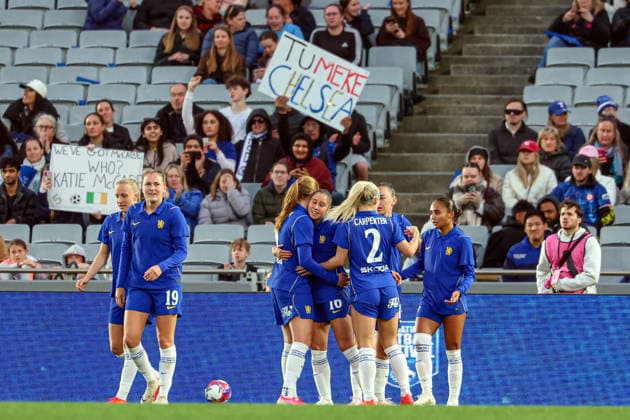 New Zealand International Football Festival Chelsea celebrate another goal. New Zealand International Football Festival - Chelsea FC Women v Auckland Invitational XI Women at Eden Park, Auckland, New Zealand, Saturday 8 August 2026. Photo: Shane Wenzlick z Copyright: xShanexWenzlickx xPhotosport.nzx